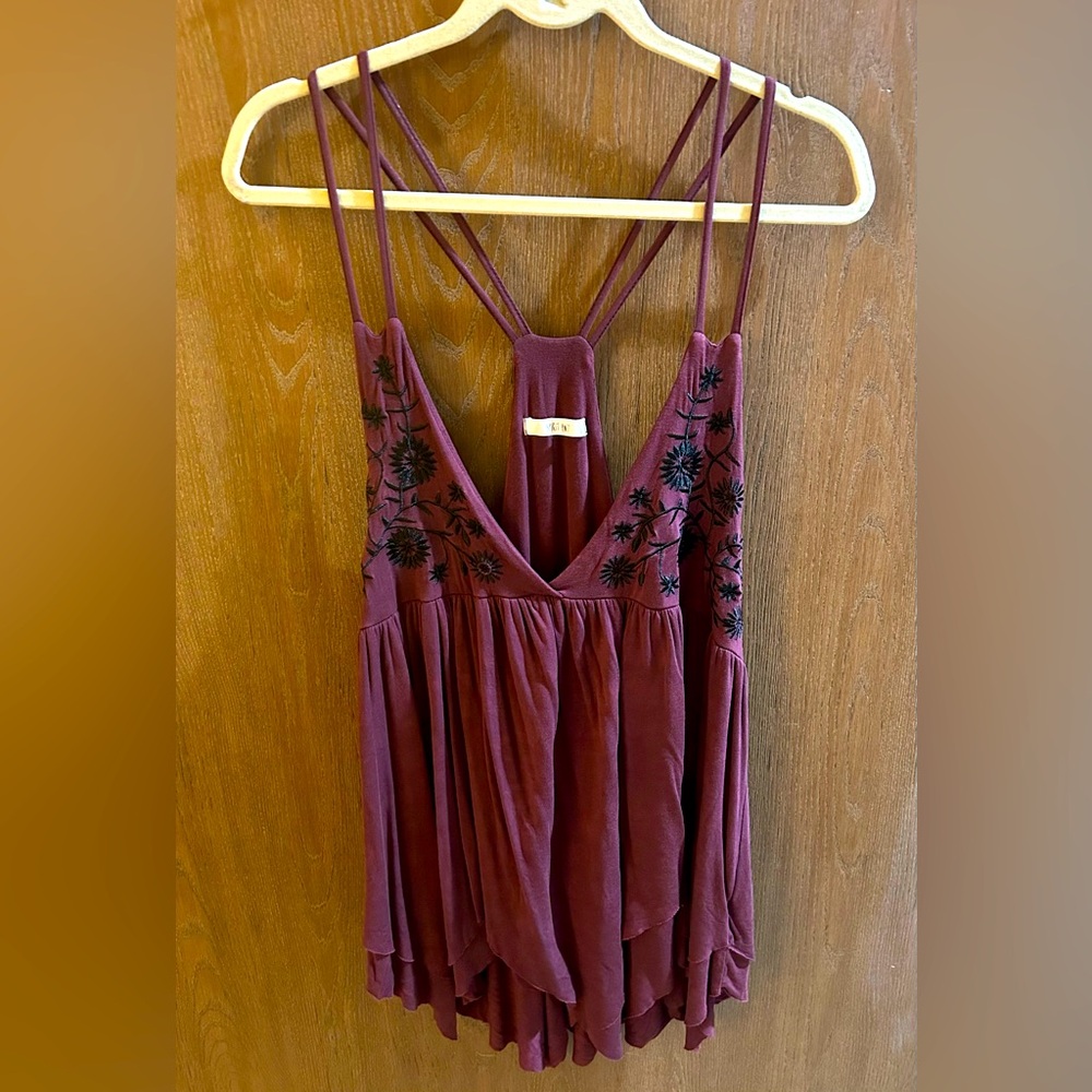 Burgundy Sleeveless Tunic with Black Embroidery